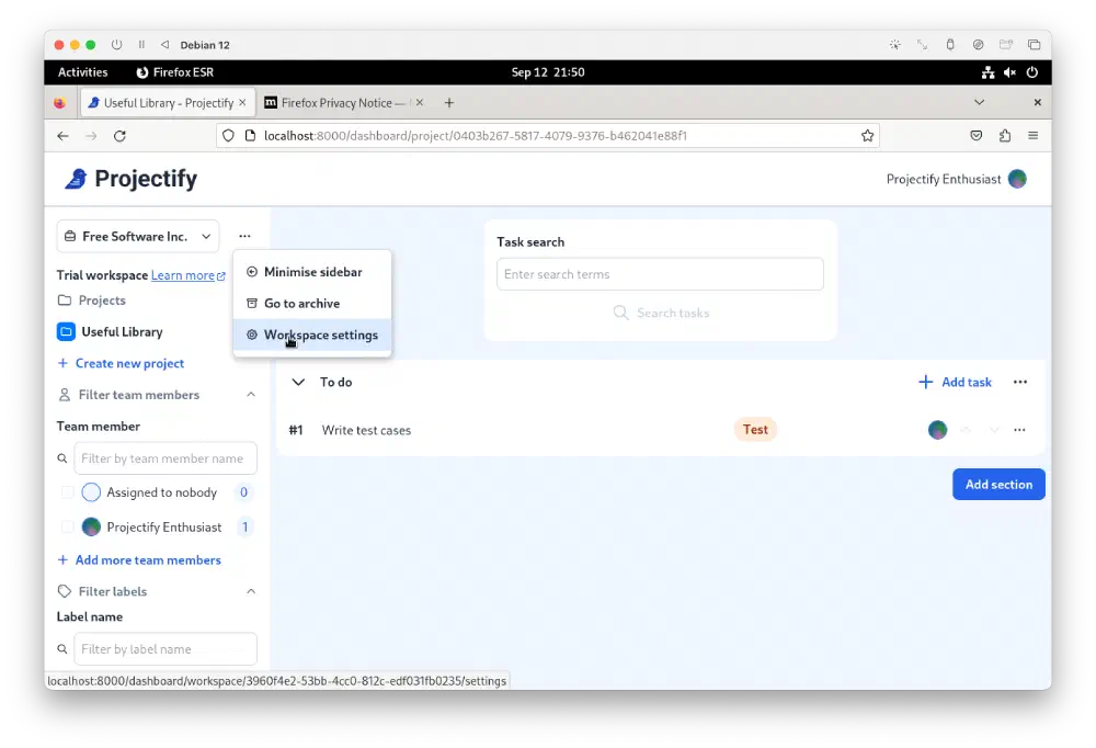Screenshot showing the side navigation menu with the workspace settings link. Note the Trial workspace notice.