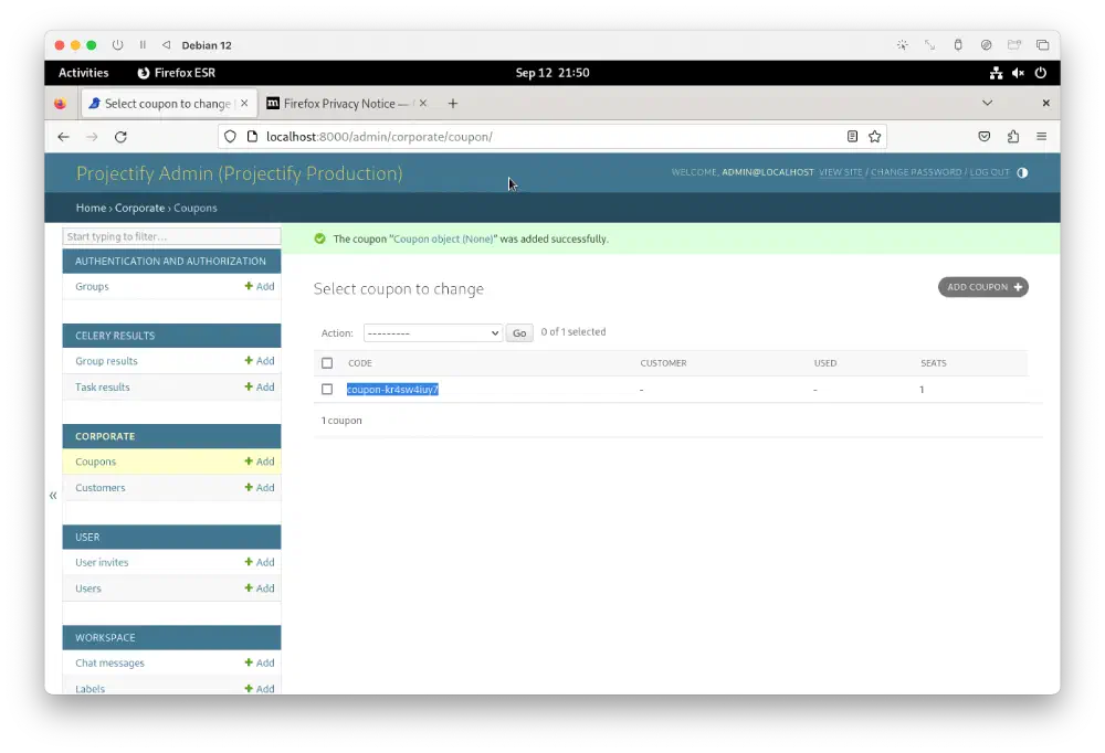 Screenshot of the resulting coupon code in the administration panel