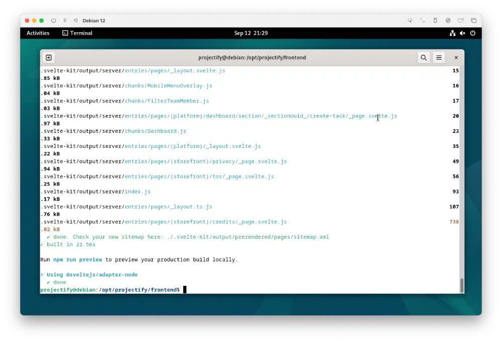 Screenshot of SvelteKit finished the frontend build
