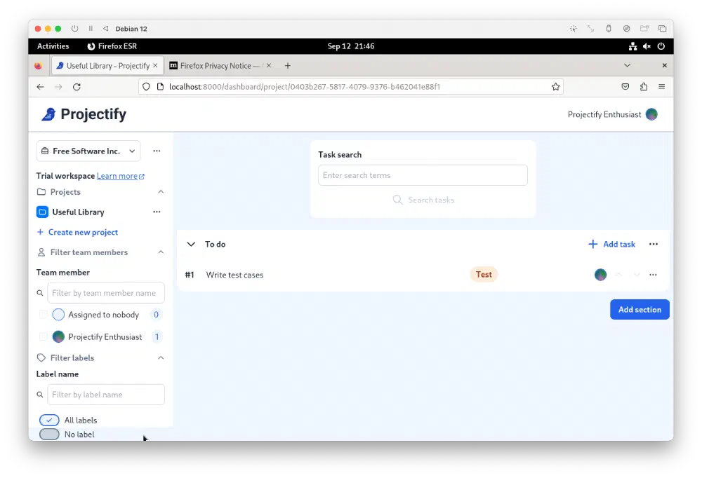 Screenshot of workspace after onboarding has completed